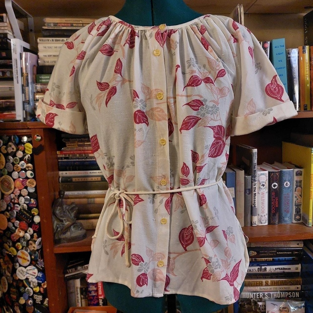 Vintage white and pink floral print top with matching tie ribbon.